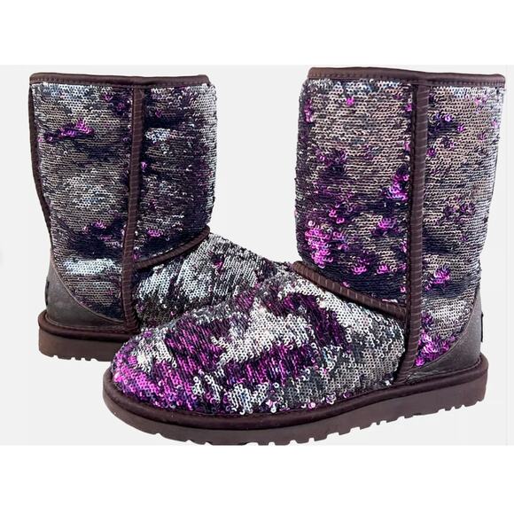 UGG Classic Short Purple Silver Sparkle Flip Sequin Boots Sherling Sherpa 6 - Picture 2 of 11